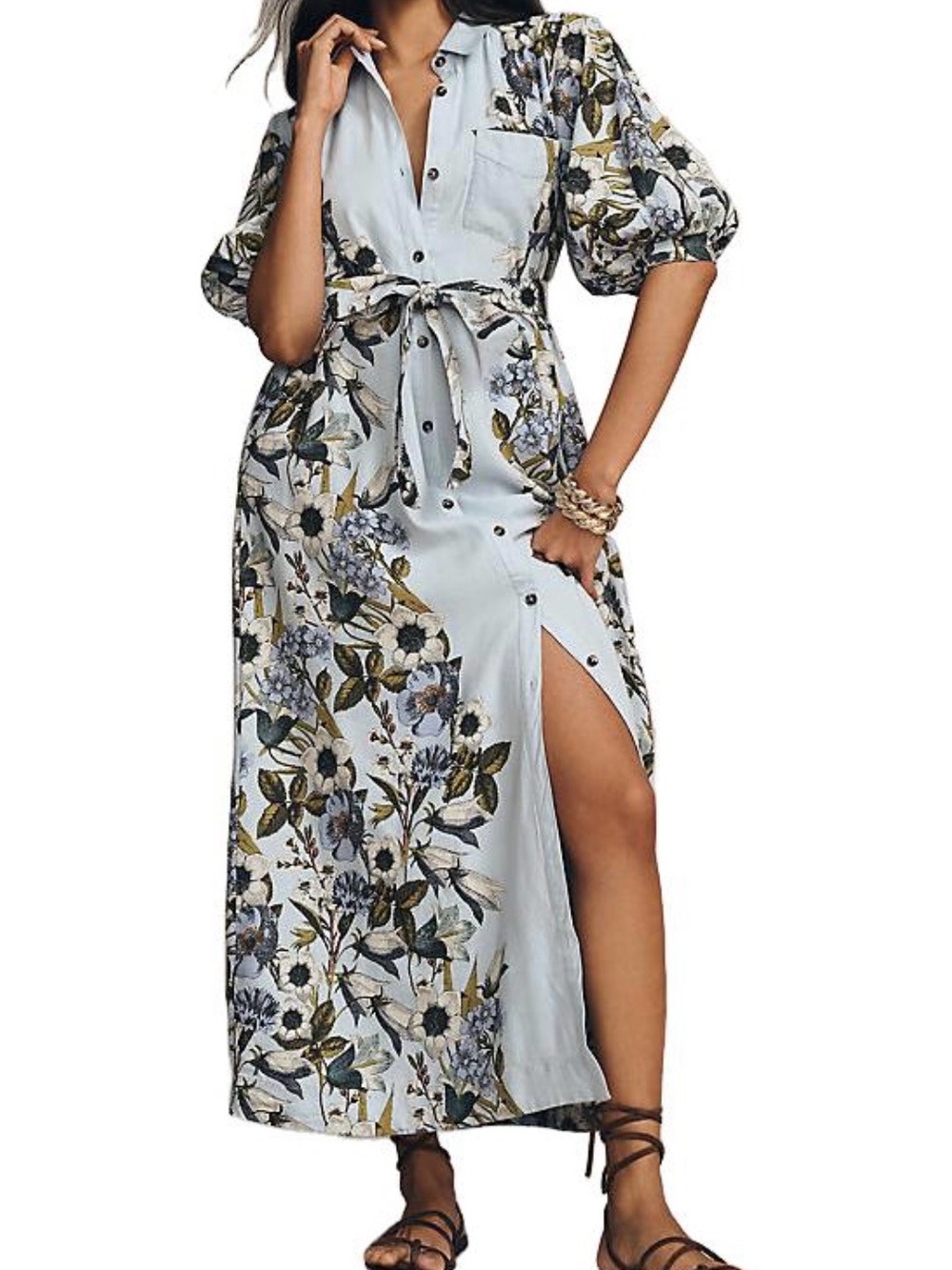 Maeve Anthropologie Mona Light Blue Floral Button-Front Maxi Dress size medium